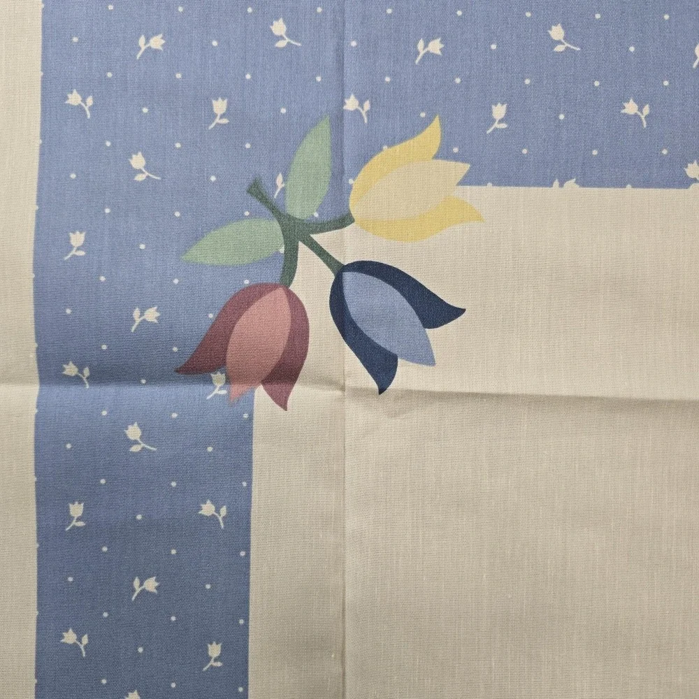Vintage Cheater Quilt Fabric Panel Tulip Floral Cotton Quilt Blue Border Pastel